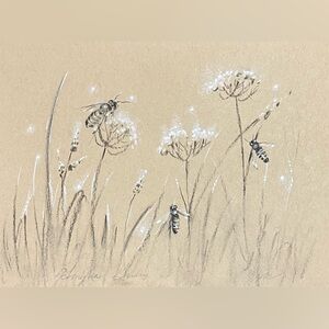 Original Bee garden painting Art Nature Insect illustration floral artwork EAEH